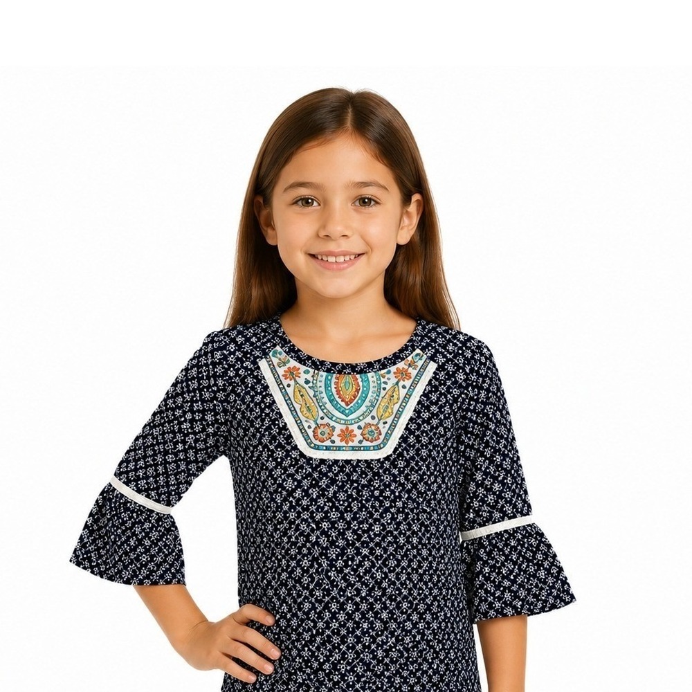 Takara Girls Blouse Kids Size S Navy‎ Blue Embroidered Boho Pom Pom Trim Top